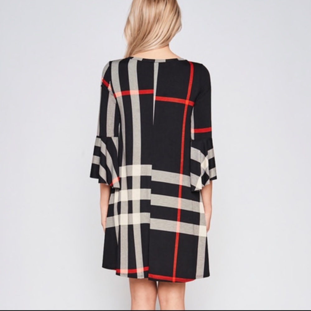 BLACK PLAID SPLIT SLEEVE SHIFT DRESS - Picture 3 of 4